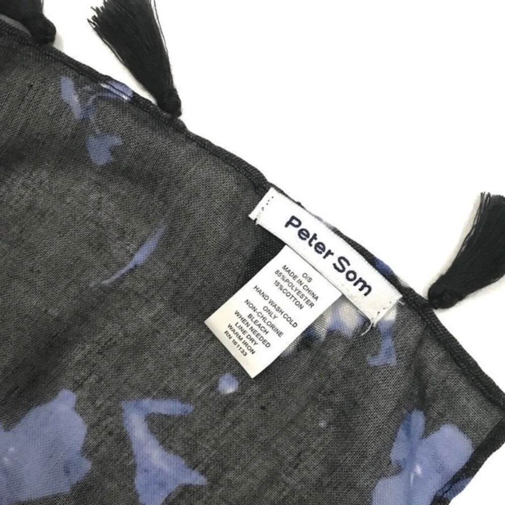 Peter Som Dream Floral Print beach fringe Sarong in Meteorite Black Blue